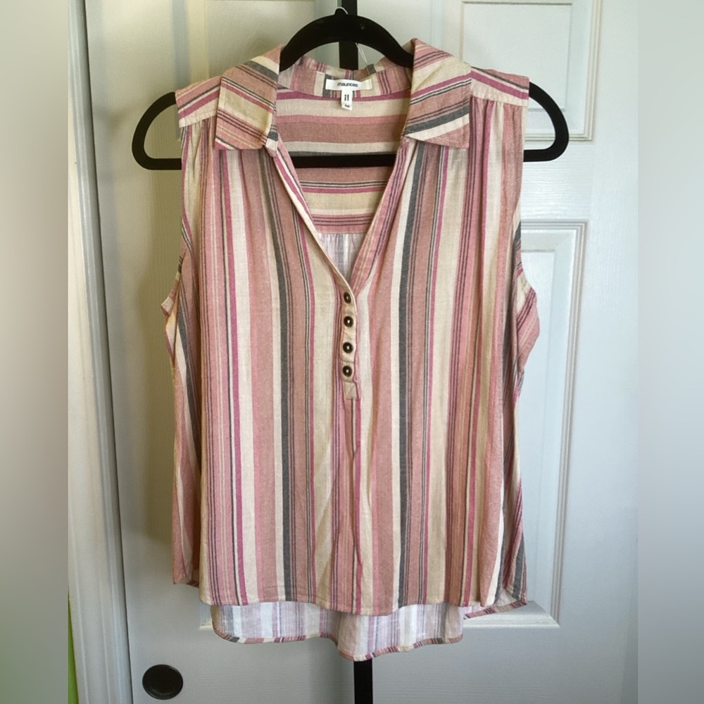 Maurices Pink and Cream Linen Blend Striped Blouse, size Medium